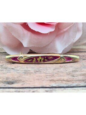 Antique Pink Guilloche Enamel Bar Brooch Gilt Floral Edwardian Dress Lace Pin